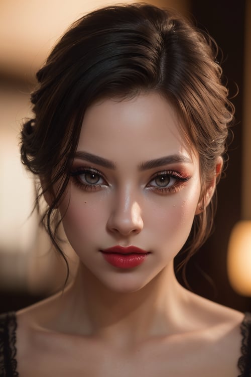 (best quality,4k,8k,highres,masterpiece:1.2),ultra-detailed,(realistic,photorealistic,photo-realistic:1.37),beautiful woman with perfect makeup, detailed eyes with long eyelashes, close-up of red lipstick, stunning portrait, the highest level of details, with a resolution of 8k.