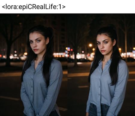 wide-shot of a beautiful woman standing in the city at night with dark hair with messy pony tail and dark blue eyes wearing a shirt, dark lighting, serene ambience <lora:epiCRealLife:1>
