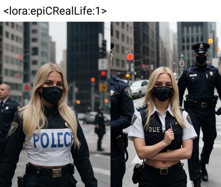 blond female police officer uniform and black facemask in new york streets <lora:epiCRealLife:1>
