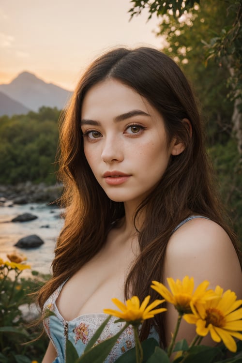 (best quality,8k,highres,masterpiece:1.2),photorealistic,ultra-detailed,vibrant photography of a woman in nature,dramatic lighting,finely detailed beautiful eyes,fine detailed skin,Natural scenery,majestic landscape,colorful flowers,distant mountains,flowing rivers,melting sunset,serene atmosphere,dazzling sunlight,blissful vibes,freckled face,luscious greenery,soft breeze,ethereal beauty,perfect light