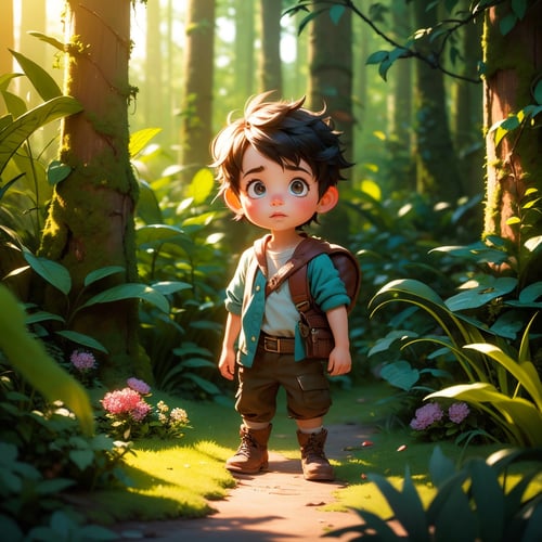 Cinematic 8K illustration, (The Tale of a Boy Who Got Lost in the Forest:1.1), Dynamic viewing angle, Beautiful and immersive storytelling, Enchanting forest adventure.,perfect light