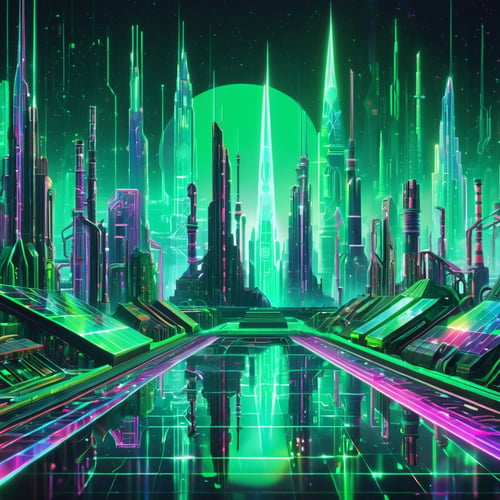 holographic hologram DonMCyb3rSp4c3XL Industrial City, cyberspace,sci-fi, tech,<lora:DonMCyb3rSp4c3XL-000010:0.85>