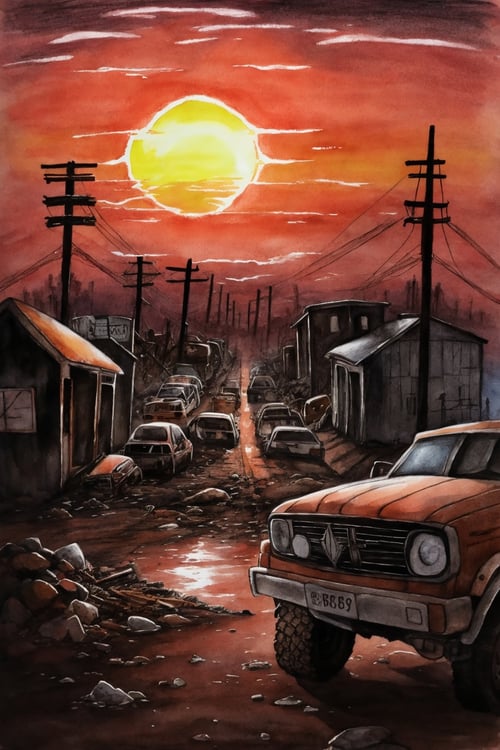 post-apocalyptic sunset at the end of the world of the new dawn aquarelle drawing
