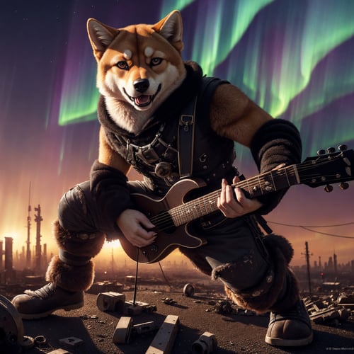 (Highest Quality, 4k, masterpiece:1.1), (realism, photorealistic:1.4), ray traced, hyper realism, soft lighting, detailed background, film grain, (detailed fur texture:1.3),BREAK((black metal)) anthro shiba inu plays his guitar on the last day on earth ,(wearing black metal outfit),(( post-apocalyptic destroyed dieselpunk city background)) , fangs , angry, paws,(new dawn), (aurora borealis) , closeup