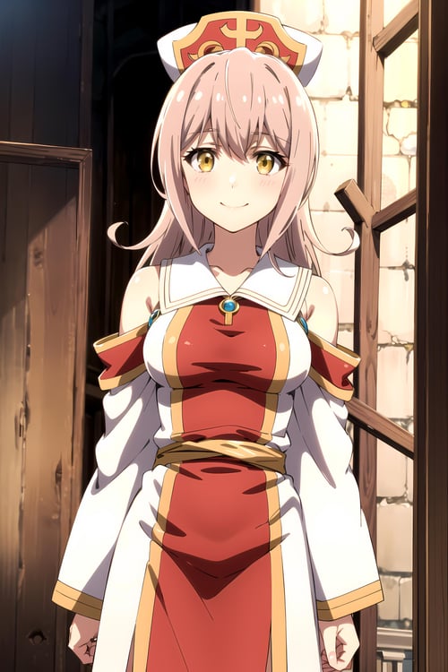 best quality, (masterpiece:1.2), detailed, anime coloring,<lora:chara_IsekaiMaou_LumachinaWeselia_v1:0.7>, lumachina isekaimaou,light blush, smile, closed mouth,platinum blonde hair, long hair, yellow eyes,red headwear, nun dress, detached sleeves,standing, from angle, looking at the viewer,church