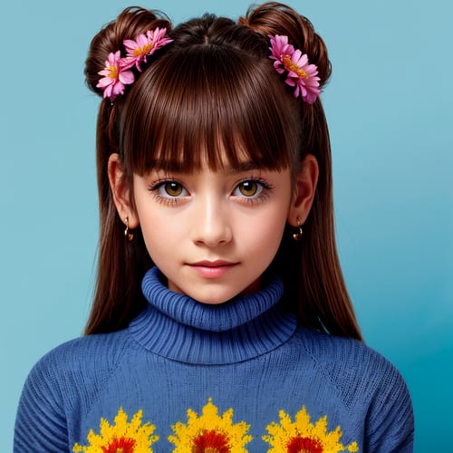 SFW, (masterpiece:1.3), extra resolution, looking at viewer, close up portrait of (AIDA_LoRA_LauraB:1.21) in a turtle neck (sweater:1.3) and with a flower in her hair posing for a picture on blue background, noisy blue background, adorable girl, pretty face, naughty, funny, happy, cinematic, composition, studio photo, kkw-ph1, hdr, f1.8 , getty images