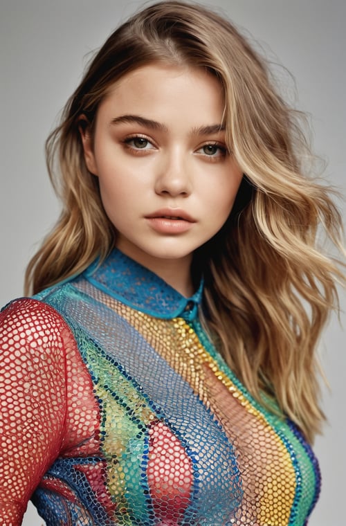 Mid Shot Photo of a woman, a colorized photo, inspired by Bert Stern, portrait sophie mudd, perforated metal, colorful dress, chloe grace moretz, tight shirt, upper body close up, holo, top half of body