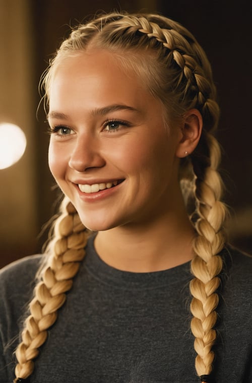 photo, swedish woman, age 19, blonde, braids, movie scene, (laughing:0.5), cinematic lighting