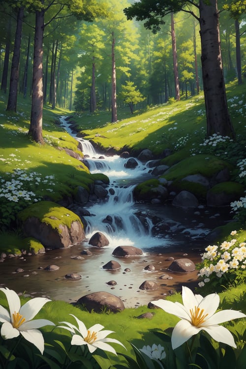 (masterpiece, best quality:1.2), outdoors, forest, nature, trees, detailed grass, rocks, detailed foliage, white flowers,
