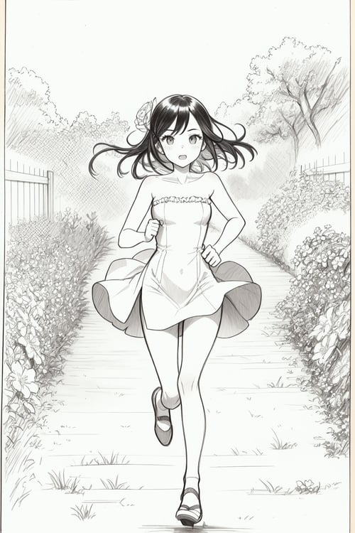 sketch, monochrome, traditional media, pencil drawing, 1girl, strapless dress, running in the garden, floral background,