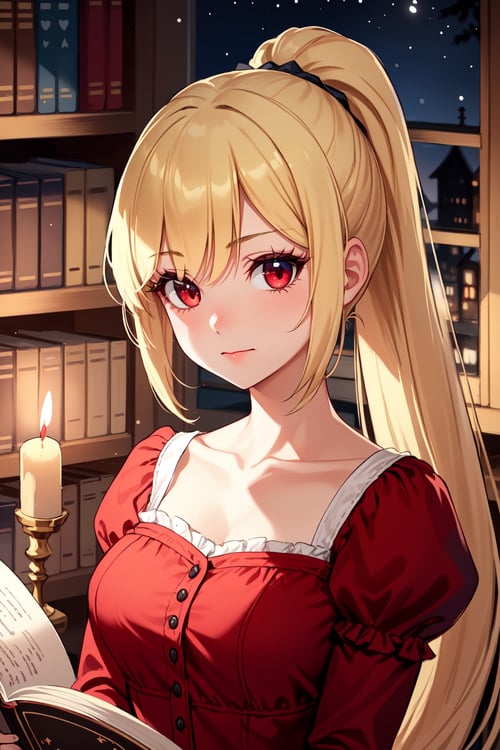 1girl, solo,blonde hair, long hair, high ponytail, hair intakes,red eyes, long eyelashes, thick eyelashes, looking at viewer,red dress, juliet sleeves, long sleeves, collarbone,indoors, library, books, (renaissance, vintage:1.2), dark, night, candlelight,