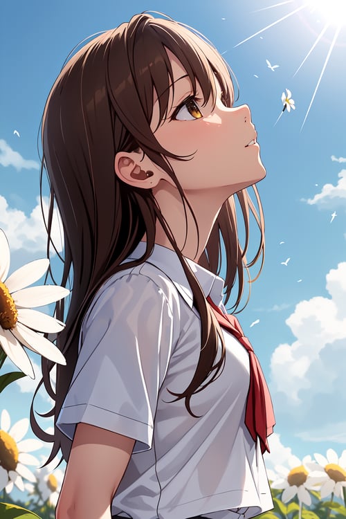 1girl, solo, flower, long hair, outdoors, letterboxed, school uniform, day, sky, looking up, short sleeves, parted lips, shirt, cloud, black hair, sunlight, white shirt, serafuku, upper body, from side, white flower, blurry, brown hair, blue sky, depth of field