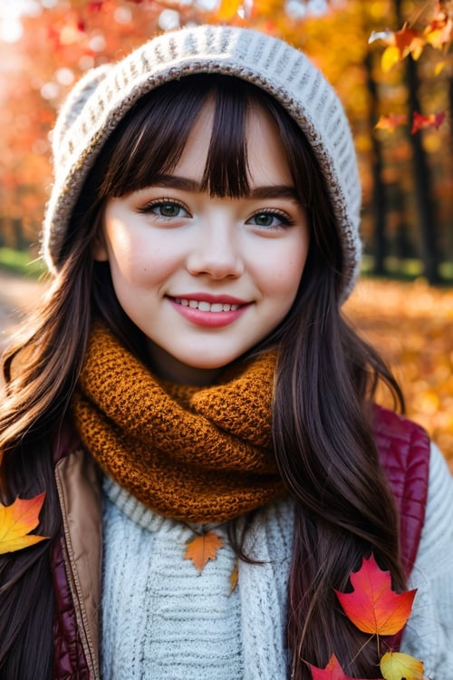 cloesed lips, cute smile, (masterpiece, best quality), 1girl, Cozy Autumn themed Walk, nature walk, Autumn day, flora, beautiful lighting, Autumn colors, Autumn elements,


more detail, 