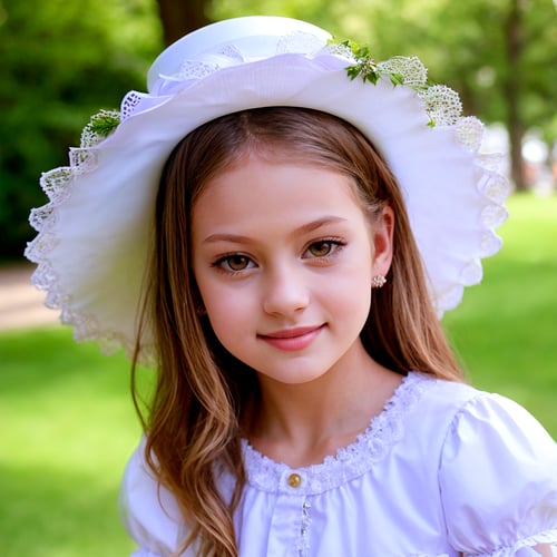 SFW, (masterpiece:1.3), close up of charming (AIDA_LoRA_valenss:1.3) wearing a white dress and a white hat and posing for a picture on blurry green background, outdoors, sunlight, in the park, young lady, pretty face, white dress, white hat, naughty, funny, hyper realistic, studio photo, kkw-ph1, hdr, f1.6, getty images