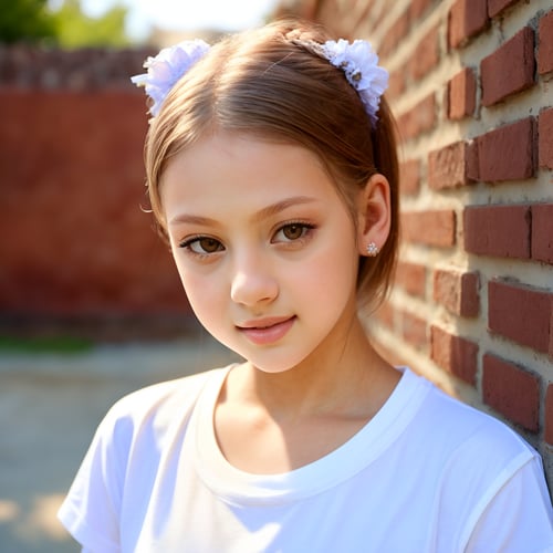 SFW, (masterpiece:1.3), close up of calm (AIDA_LoRA_valenss:1.1) wearing a white t-shirt and posing for a picture in front of brick wall, outdoors, sunlight, young lady, pretty face, hyper realistic, studio photo, kkw-ph1, hdr, f1.6, getty images