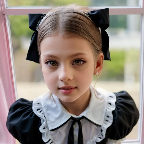 SFW, (masterpiece:1.3), view from above, close up of charming (AIDA_LoRA_valenss:1.1) in a maid outfit and with a black bow posing for a picture in front of window, street beside the window, backlight, sunlight, beautiful girl, pretty face, dramatic, insane level of details, intricate pattern, studio photo, kkw-ph1, hdr, f1.5, getty images