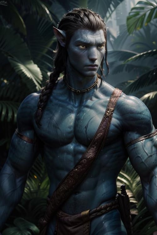 jake_sully, sam worthington,  solo, large pectorals, muscular, looking at viewer, black hair, 1boy, jewelry, yellow eyes, upper body, braid, male focus, necklace, colored skin, nature, blue skin, <lora:add_detail:1>,   <lora:jake_sully:0.65>