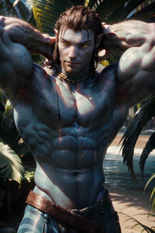 jake_sully, sam worthington, soft smile,  hands behind head, big biceps, solo, large pectorals, shirtless, muscular, looking at viewer, black hair, 1boy, jewelry, yellow eyes, upper body, male focus, necklace, colored skin, nature, blue skin, <lora:add_detail:1>,   <lora:jake_sully:0.6>