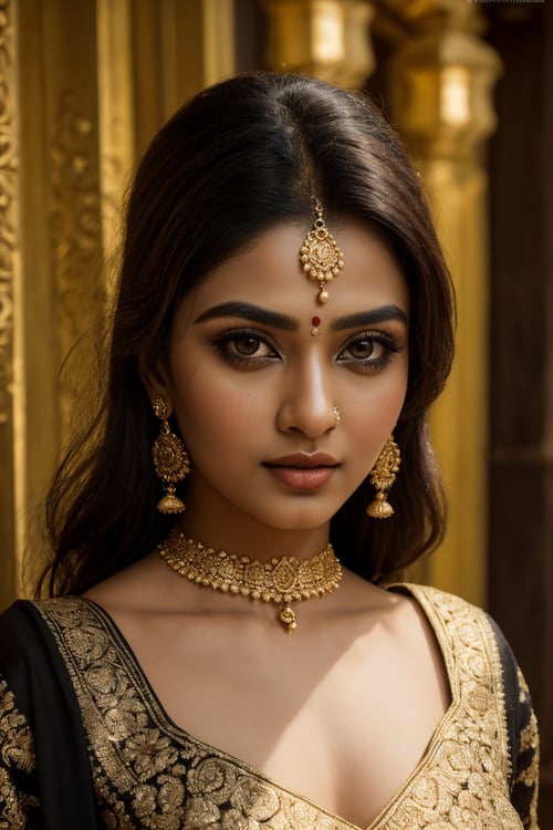 (best quality,4k,8k,highres,masterpiece:1.2),ultra-detailed,(realistic,photorealistic,photo-realistic:1.37),beautiful Indian woman,close-up portrait,expressive eyes,endless detail and precision,soft and radiant skin,gorgeous black hair,golden jewelry,detailed henna tattoos,on a vibrant background,ethereal lighting,colorful saree,subtle makeup,graceful and confident expression,traditional yet modern,celebrating the beauty of Indian culture,eyes filled with depth and emotion,captivating viewers with her gaze,impeccable attention to facial features,tranquil and serene atmosphere,HDR,UHD,studio lighting,physically-based rendering,vivid colors,sharp focus