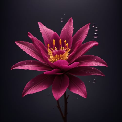 Generate a high quality detailed close-up image of a beautiful exotic flower  on a dark brown branch with water droplets reflecting light set against a blurry dark gray and dark slate colored background High definition, high contrast image.,<lora:659095807385103906:1.0>