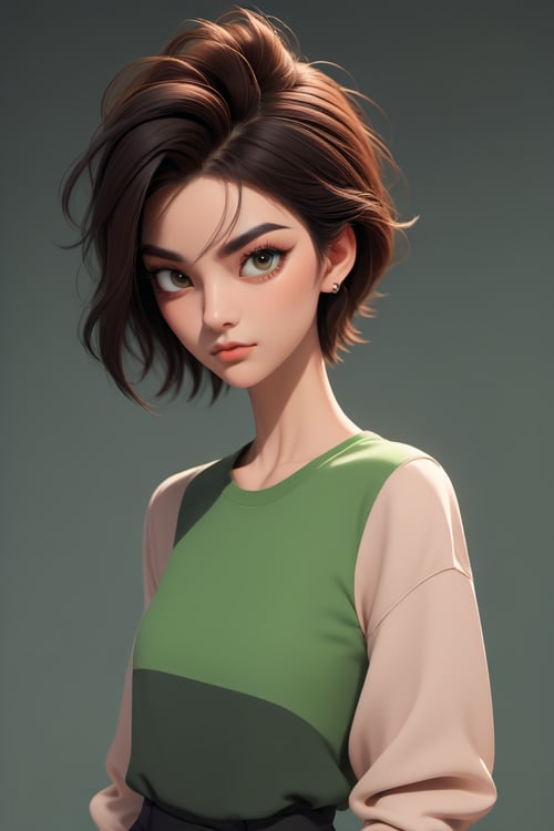 (Soft lines, unblended shading, simplified illustration , hand drawn, detailed portrait ) angry looking, attractive woman with hair in messy bun. She has large green eyes. Messy, dark eyeshadow. Dark low rise pants. Dark academia vibes.,<lora:659095807385103906:1.0>
