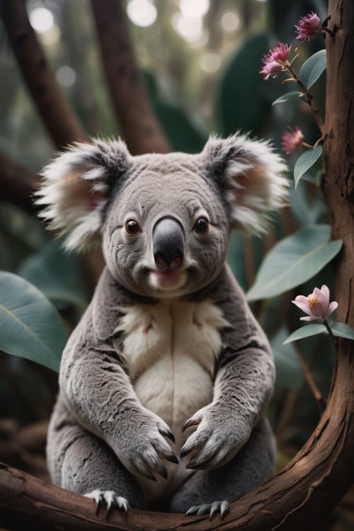 photograph, Mythical Koala, roots in background, horizon-centered, Duckcore, bokeh, Fujifilm XT3, Low shutter, Dark hue, Floral motives, art by Bojan Jevtic