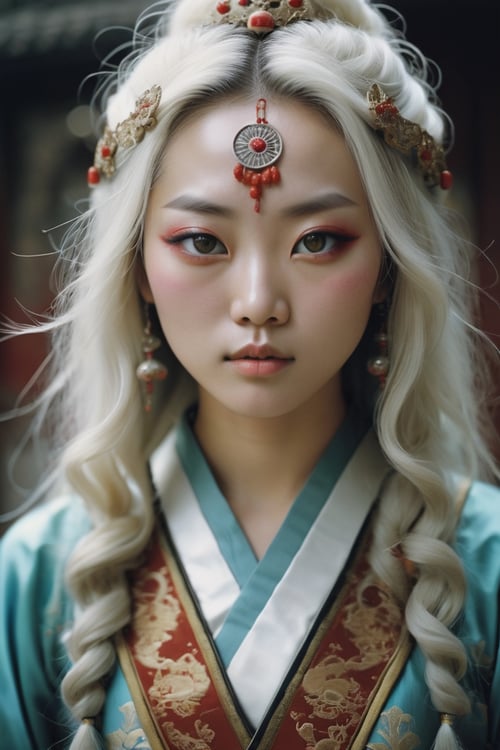 photograph of 'Sibling of Miracles Arcane Trickster', she has a pretty and appealing face with perfect eyes, she has two tone hair, closed mouth, hateful glowing [Ming Dynasty:Georgian], photographed by Jon McNaught, sharp focus, Fuji Superia 400, f/8