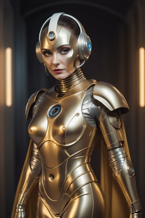 designed by Bojan Jevtic, photograph, Cooper (Female Cyberman:1.3) , Seductive, dressed in a very Radiant dress, her dress is very Groovy, Cape, Gold Tooth, specular lighting, film grain, Canon R5, Depth of field 270mm