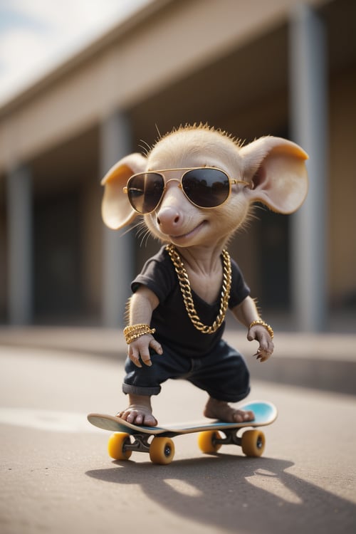 photograph of a cute baby skater aardvark,  wearing sun glasses and thick gold chains as jewellry, riding a skateboard | shallow depth of field, detailed and realistic, Nostalgic lighting, film grain, Canon eos 5d mark 4, Low shutter, Fujifilm Superia, 
