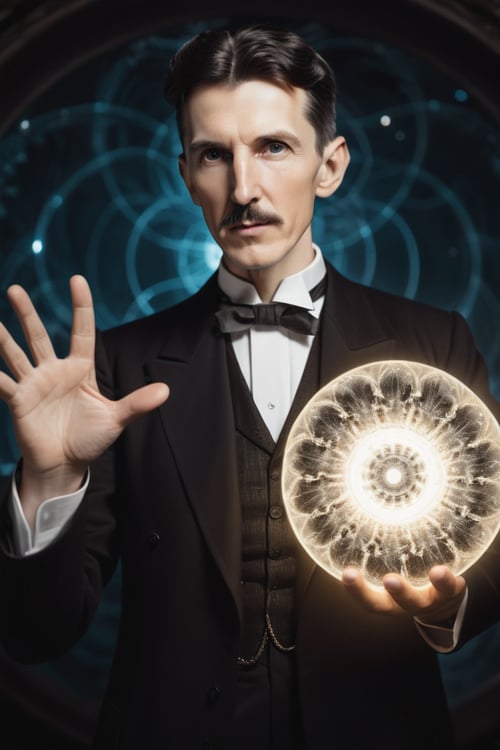 photograph, medium shot of a Glittering (Nikola Tesla) holding a Fractal elecrical core, perfect eyes, perfect hands, Dramatic spotlight, film grain, Canon 5d mark 4, Selective focus, Albumen
