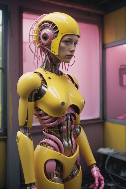 stylized by Gregory Crewdson, photograph, beautiful female Cyborg yellow and pink creature, Provia background, Hurricane, FOV 90 degrees, Realistic, Lustful, Tinkercore, bokeh, Hasselblad, F/1.8, Ektachrome