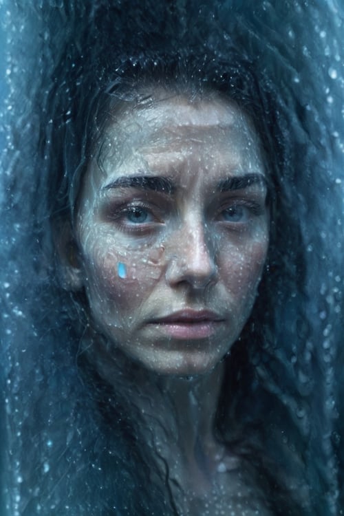 Visage of a woman made from water, looking at the viewer, close too viewer, surrounded be streams of water and droplets, mystical,  wide close shot portrait, dof