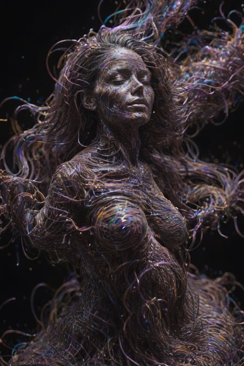 arafed image of a woman with a very long hair,chaotic swirling ferrofluids,dribbble 8k,nekro xiii,sculpted out of candy,human bodies intertwined,scribbled lines,surrender,by Robert Goodnough,polychromatic,anthropomorphic _ humanoid,james jean aesthetic,diffuse subsurface scattering,