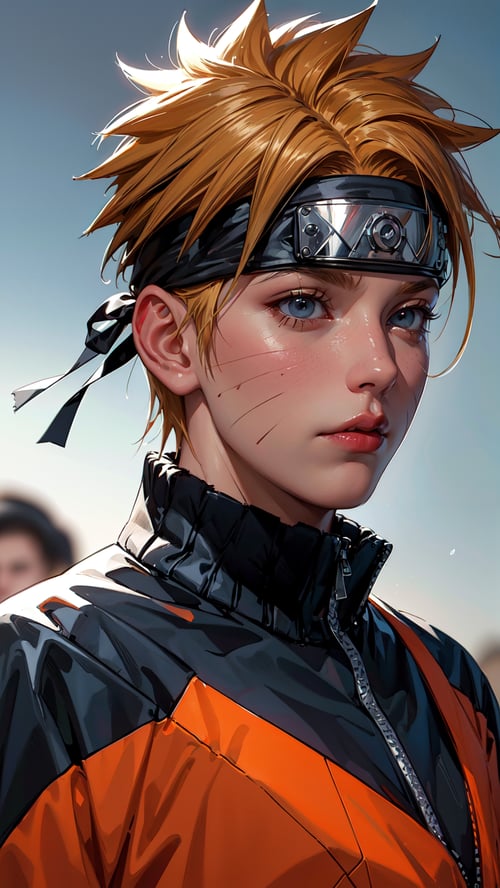 (best quality, masterpiece:1.2), photorealistic, ultra high res, front lighting, intricate detail, Exquisite details and textures, n4rut0, 1boy, (facial mark), solo, whisker markings, forehead protector,spiked hair, (orange hair),looking at viewer, blue eyes, jacket, (konohagakure symbol), short hair, long sleeves, ninja, detailed face, professional lighting, photon mapping, radiosity, physically-based rendering,n4rut0,Germany Male