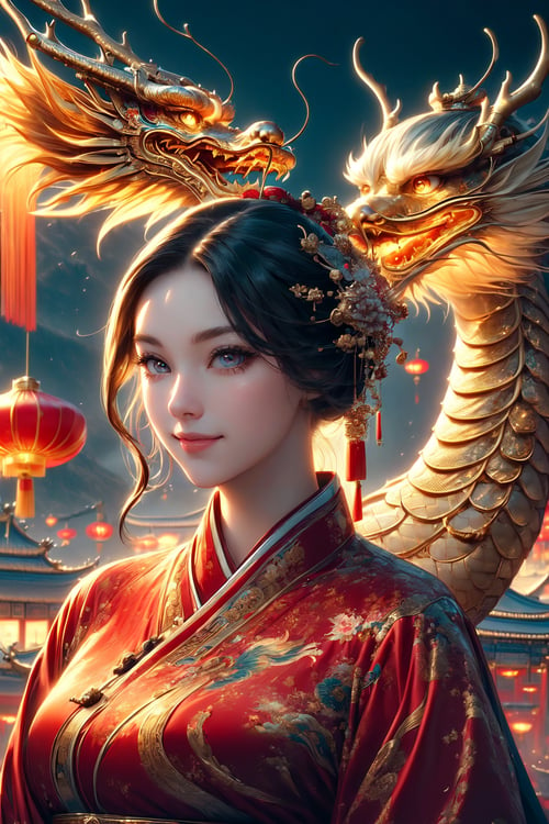 (masterpiece, high quality:1.5), Vibrant, detailed, high-resolution, artistic, majestic, magnificent, elaborate detail, awe-inspiring, splendid, celebratory, 
1 girl, China Tang Dynasty costumes, elegant, traditional, culturally rich, 
night sky, grand fireworks display, glowing red lanterns, cultural heritage, festive atmosphere, ancient cityscape, traditional architecture, 
(Giant golden dragon:1.2), flying dragon in the sky, large, majestic, overwhelming presence, by FuturEvoLab, historical, mythical, dynamic, visually striking, Exquisite face,1 girl,More Detail,Oiran,Exquisite face,Chinese Palace