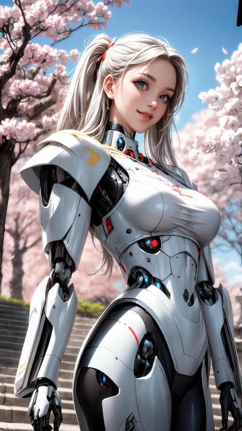 masterpiece, best quality, 1girl, yellow eyes, Beautiful face, delicate eyes, smile, long hair, white hair, tree, stairs, standing, sky, cherry blossoms, temple, looking at viewer, upper body, from below, looking back, ((Mecha)), young girl, Cyberpunk, CyberMechaGirl,CyberMechaGirl