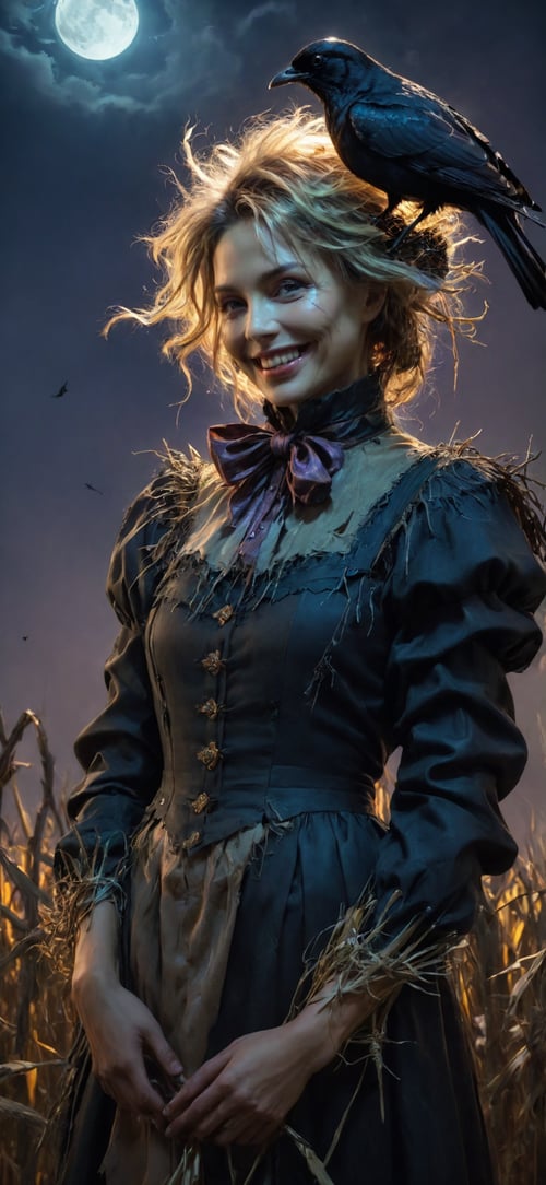halloween monster female scarecrow, smiles, surrounded by crows, on a farm outside at night, fantasy magic, undercut hairstyle, dark light night, intricate, elegant, sharp focus, illustration, highly detailed, digital painting, concept art, matte, art by wlop and artgerm and greg rutkowski and alphonse mucha, masterpiece ,monster