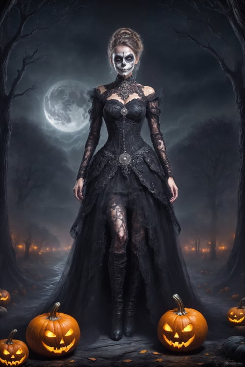 1girl, lavish outfit with elaborate decorations, textured spandex emboss stretch fabric, rhinestone appliques, lace patches, walk on misty landscape, dark night, silhouettes of dead trees,dim lights, helloween themed, pumkins everywhere, hyperdetailed artwork, highres
