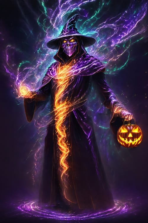 solo,a wizard,Wearing a jack-o'-lantern mask,swirling magic around his body, full body, cinematic lighting, very detailed, vibrant, 8k, best quality, ultra sharp focus, glowing, sparkles, artwork by granblue fantasy, artgerm, amazing background