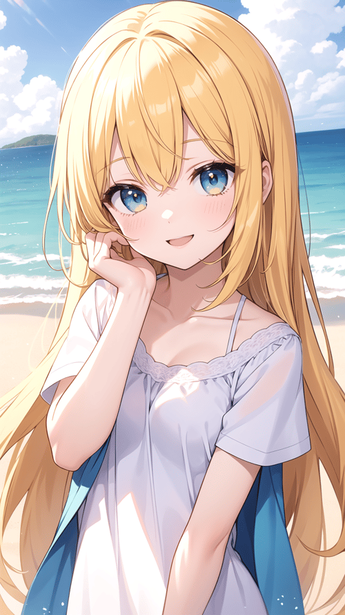 masterpiece, best quality, 1girl, Golden yellow hair, sky blue eyes, cute girl, happy, looking at viewer