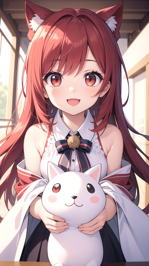 masterpiece, best quality, 1girl, red hair, red eyes, cute girl, happy, looking at viewer