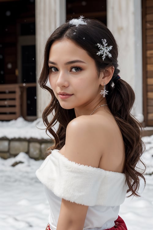 (best quality, photorealistic, masterpiece:1.3), girl, off shoulder, skirt, glossy lips, pure innocence, sweet and adorable, blush, cold, long hair, curly hair, twintails, fluffy snow, snowflakes, snowing, stalagtites, red flowers, high detailed skin, skin pores, 8k uhd, dslr, soft lighting, high quality, film grain, Fujifilm XT3, less details, detailed background, 
