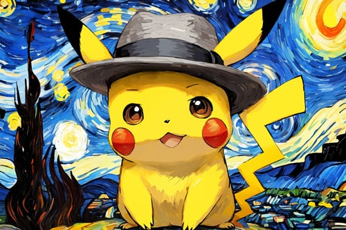 , portrait, soft blurry oil painting portriat of a close up shot of a (((Pikachu wearing a grey fedora hat by van Gogh))), starry night backdrop heavy brush strokes, by van Gogh