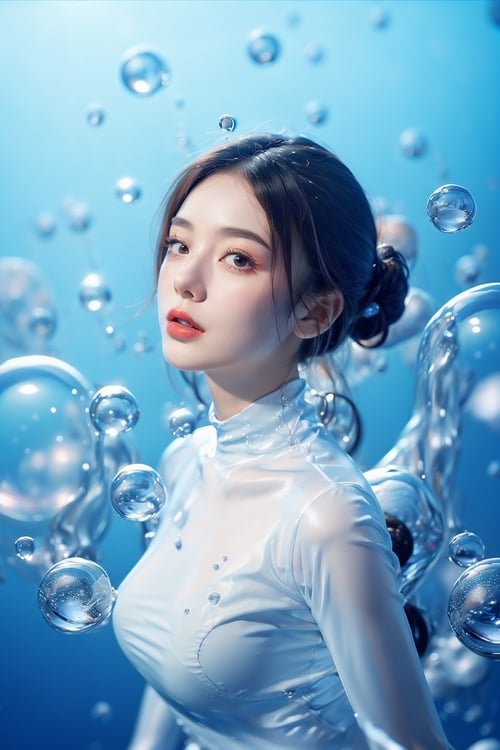 (1girl:1.1),stars in the eyes,(pure girl:1.1),(full body:0.6),There are many scattered luminous petals,bubble,contour deepening,white_background,cinematic angle,underwater,adhesion,,red and blue theme,tight clothing,centella,
