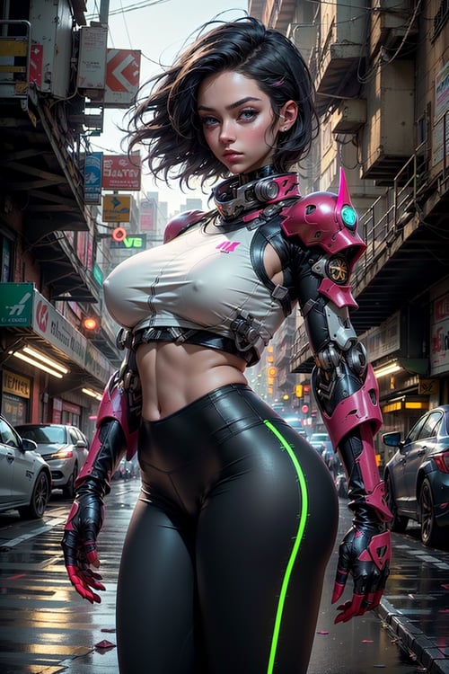 1 girl, beautiful face, perfect blue eyes, sparks, (battle gear, mecha Armor, crop top, leggings:1.1), (female hair made of neon:1.5), (short thin hair), (in a street:1.2), (gigantic breasts:1.2), , ultra high resolution, 8k, HDR, art, high detail,Add more detail, mechainjectionKA