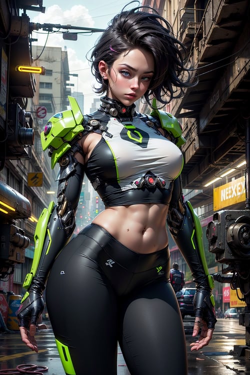 1 girl, beautiful face, perfect blue eyes, sparks, (battle gear, mecha Armor, crop top, leggings:1.1), (female hair made of neon:1.5), (short thin hair), (in a street:1.2), (gigantic breasts:1.2), midriff, skinny, large hip, (sexy pose, dynamic pose), ultra high resolution, 8k, HDR, art, high detail,Add more detail, mechainjectionKA