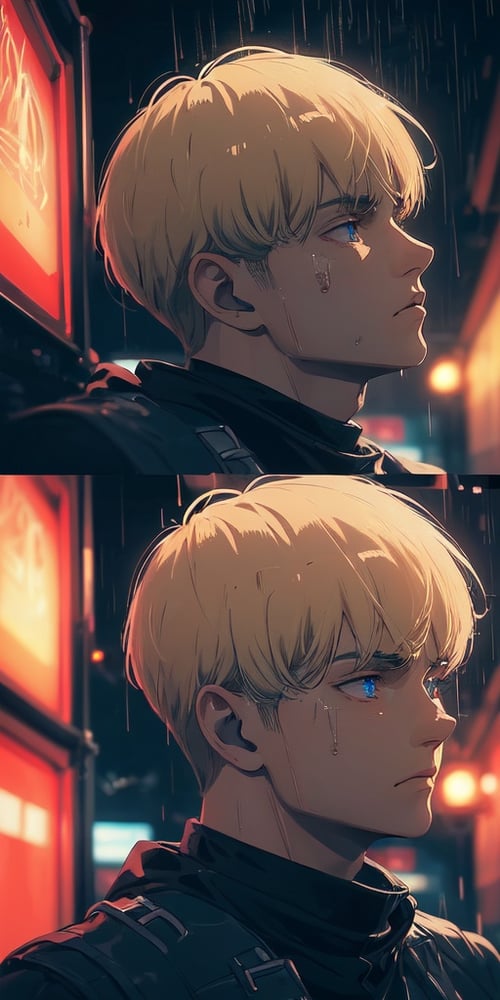1male,(neon lights, red light), night, rain, wet hair, ((rain drops on his face)), (looking to the sky), melancholic, extremely detailed, perfect composition, masterpiece 8k wallpapper,blonde hair, blue eyes,Armin Arlet