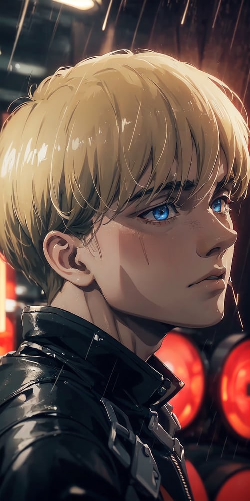 1male,(neon lights, red light), night, rain, wet hair, ((rain drops on his face)), (looking to the sky), melancholic, extremely detailed, perfect composition, masterpiece 8k wallpapper,blonde hair, blue eyes,Armin Arlet