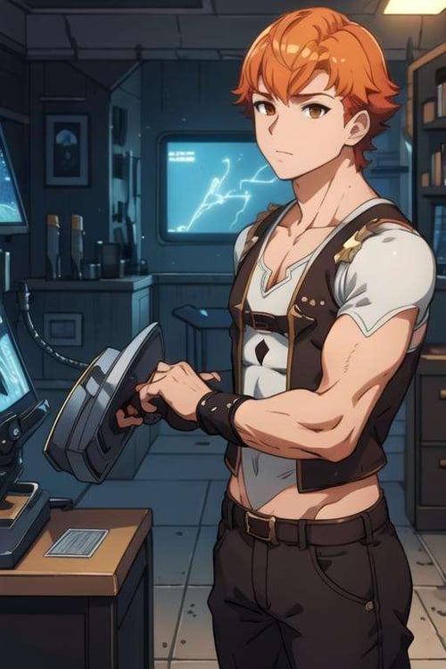 masterpiece, best quality, game cg, 1boy, solo, male focus, looking at viewer, , depth of field, anime coloring, realistic, <lora:lent_marslink:0.76>, lent_marslink, orange hair, brown eyes, muscle shirt, , science fiction dystopian,