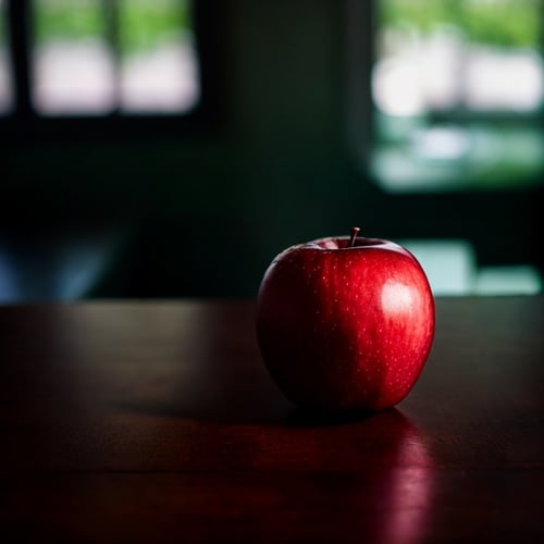 one red apple on table in kitchen